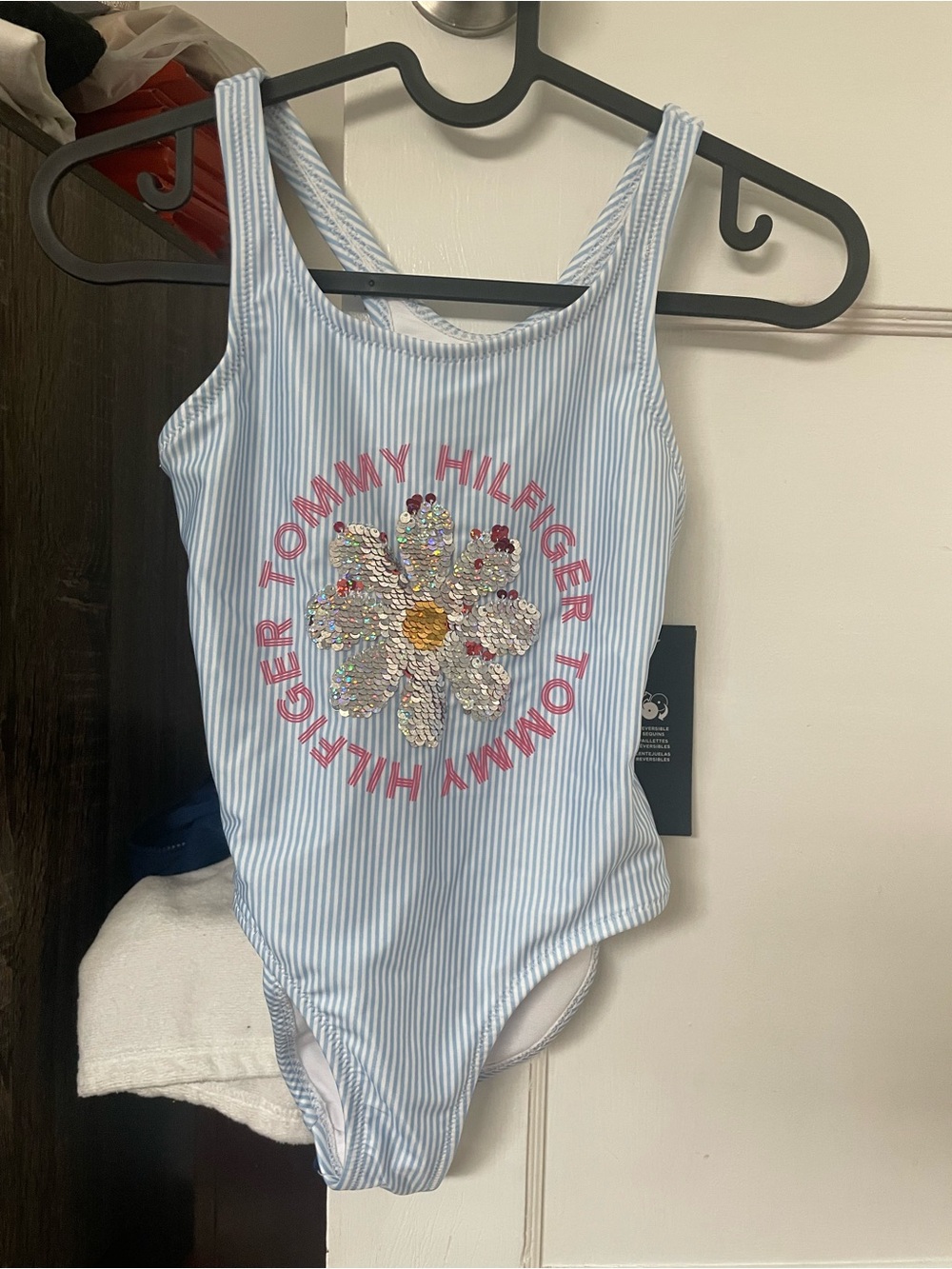 Tommy Hilfiger Light Blue & White Striped Sequin Flower One-Piece